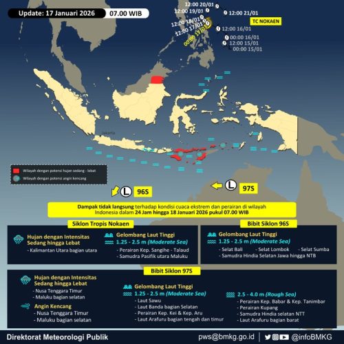 Peta pemantauan BMKG memperlihatkan Siklon Tropis Nokaen serta dua bibit siklon tropis yang memengaruhi cuaca di sejumlah wilayah Indonesia.