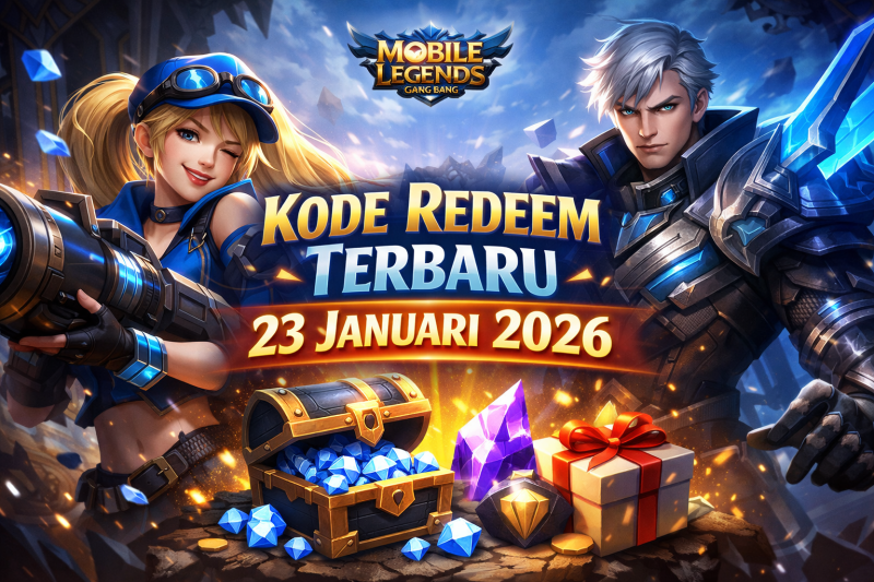 Ilustrasi hero Mobile Legends Layla dan Alucard dengan efek cahaya epik, menampilkan teks 'Kode Redeem Terbaru 23 Januari 2026' untuk klaim hadiah in-game