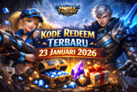 Ilustrasi hero Mobile Legends Layla dan Alucard dengan efek cahaya epik, menampilkan teks 'Kode Redeem Terbaru 23 Januari 2026' untuk klaim hadiah in-game