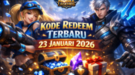 Ilustrasi hero Mobile Legends Layla dan Alucard dengan efek cahaya epik, menampilkan teks 'Kode Redeem Terbaru 23 Januari 2026' untuk klaim hadiah in-game