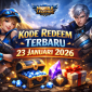 Ilustrasi hero Mobile Legends Layla dan Alucard dengan efek cahaya epik, menampilkan teks 'Kode Redeem Terbaru 23 Januari 2026' untuk klaim hadiah in-game