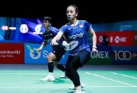 Febriana Dwipuji Kusuma/Meilysa Trias Puspitasari tampil solid saat mengalahkan Pearly Tan/Thinaah Muralitharan di Malaysia Open 2026, Kuala Lumpur.