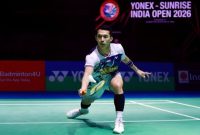Jonatan Christie menunjukkan ekspresi fokus saat berlaga pada semifinal India Open 2026 di New Delhi.