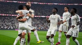 Selebrasi pemain Real Madrid usai Gonzalo Garcia mencetak gol ke gawang Barcelona di final Piala Super Spanyol, 12 Januari 2026. (c) AP Photo/Altaf Qadri