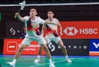 Raymond Indra/Nikolaus Joaquin tampil solid saat menghadapi pasangan Prancis pada babak pertama Indonesia Masters 2026 di Istora Senayan, Jakarta.