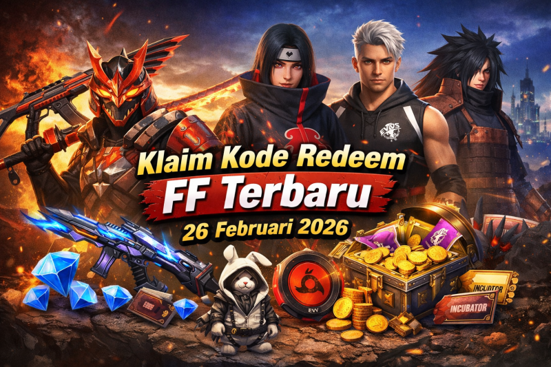 Ilustrasi promo kode redeem FF 26 Februari 2026 dengan hadiah skin, diamond, bundle, dan voucher menarik.