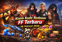 Ilustrasi promo kode redeem FF 26 Februari 2026 dengan hadiah skin, diamond, bundle, dan voucher menarik.