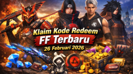 Ilustrasi promo kode redeem FF 26 Februari 2026 dengan hadiah skin, diamond, bundle, dan voucher menarik.