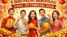 Ilustrasi 5 shio paling beruntung Jumat 20 Februari 2026 dengan simbol kekayaan dan kelimpahan.