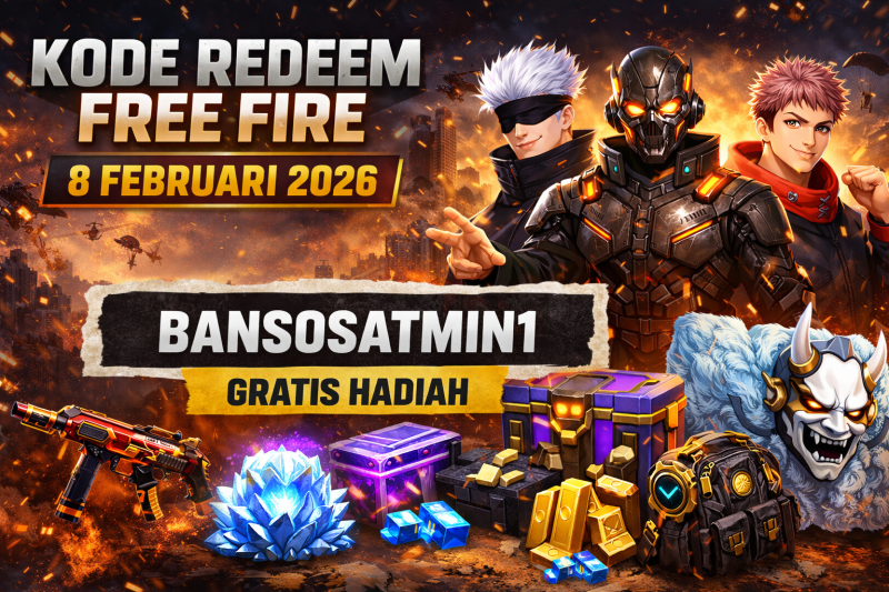 Ilustrasi kode redeem Free Fire terbaru yang dirilis Garena pada 8 Februari 2026 dengan berbagai hadiah item gratis dan eksklusif.