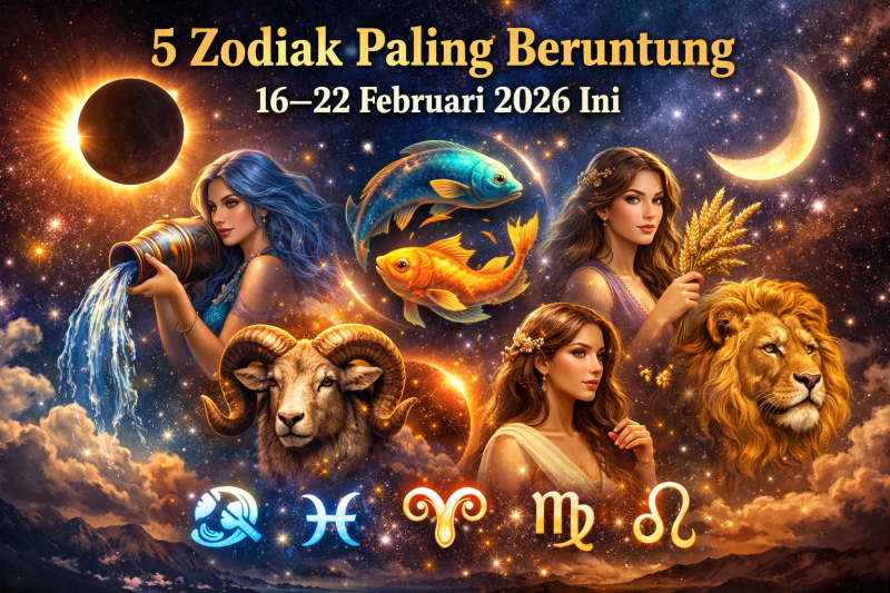 Ilustrasi 5 zodiak paling beruntung 16–22 Februari 2026 dengan nuansa kosmik.( foto ist)