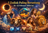 Ilustrasi 5 zodiak paling beruntung 16–22 Februari 2026 dengan nuansa kosmik.( foto ist)