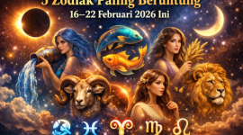 Ilustrasi 5 zodiak paling beruntung 16–22 Februari 2026 dengan nuansa kosmik.( foto ist)