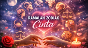 Ilustrasi ramalan zodiak cinta dengan simbol astrologi dan nuansa romantis.