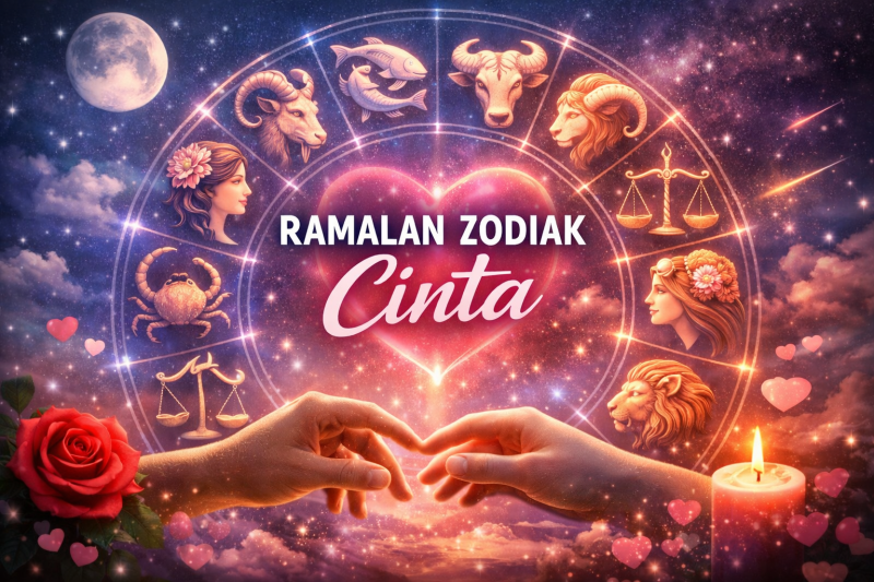 Ilustrasi ramalan zodiak cinta berlatar simbol astrologi dan nuansa romantis. (foto ist)
