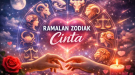 Ilustrasi ramalan zodiak cinta berlatar simbol astrologi dan nuansa romantis. (foto ist)