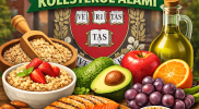 Makanan sehat penurun kolesterol termasuk oatmeal, kacang-kacangan, ikan berlemak, buah-buahan, dan minyak sayur dengan simbol jantung