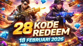 Ilustrasi Free Fire menampilkan dua karakter dengan senjata dan loot melayang, promosi 28 kode redeem 18 Februari 2026.