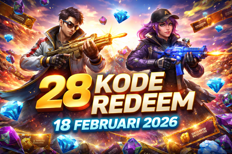 Ilustrasi Free Fire menampilkan dua karakter dengan senjata dan loot melayang, promosi 28 kode redeem 18 Februari 2026.