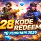 Ilustrasi Free Fire menampilkan dua karakter dengan senjata dan loot melayang, promosi 28 kode redeem 18 Februari 2026.