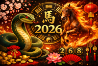 Ilustrasi Shio Ular 2026 dengan Kuda Api dan simbol fengshui.(foto ist)