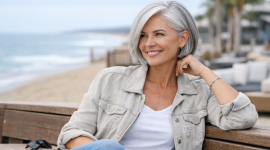 Rambut beruban rapi, percaya diri, dan stylish di suasana pantai santai. ( foto chat gpt)