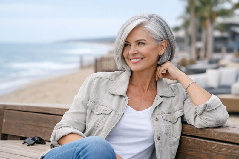 Rambut beruban rapi, percaya diri, dan stylish di suasana pantai santai. ( foto chat gpt)