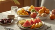 Aneka buah segar seperti semangka, melon, pisang, apel, pir, pepaya, dan kurma untuk menu sahur sehat