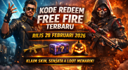 Ilustrasi Kode Redeem Free Fire 28 Februari 2026 menampilkan DJ Alok, karakter bertopeng, senjata, dan loot crate.