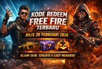 Ilustrasi Kode Redeem Free Fire terbaru 28 Februari 2026, menampilkan DJ Alok, karakter bertopeng, senjata, dan loot crate sebagai hadiah menarik.