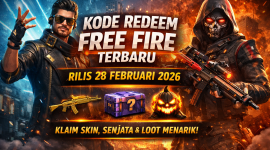 Ilustrasi Kode Redeem Free Fire terbaru 28 Februari 2026, menampilkan DJ Alok, karakter bertopeng, senjata, dan loot crate sebagai hadiah menarik.