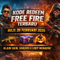 Ilustrasi Kode Redeem Free Fire terbaru 28 Februari 2026, menampilkan DJ Alok, karakter bertopeng, senjata, dan loot crate sebagai hadiah menarik.