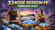 Karakter Free Fire (FF) dengan peti harta karun berisi diamond dan koin emas, menampilkan kode redeem Februari 2026.