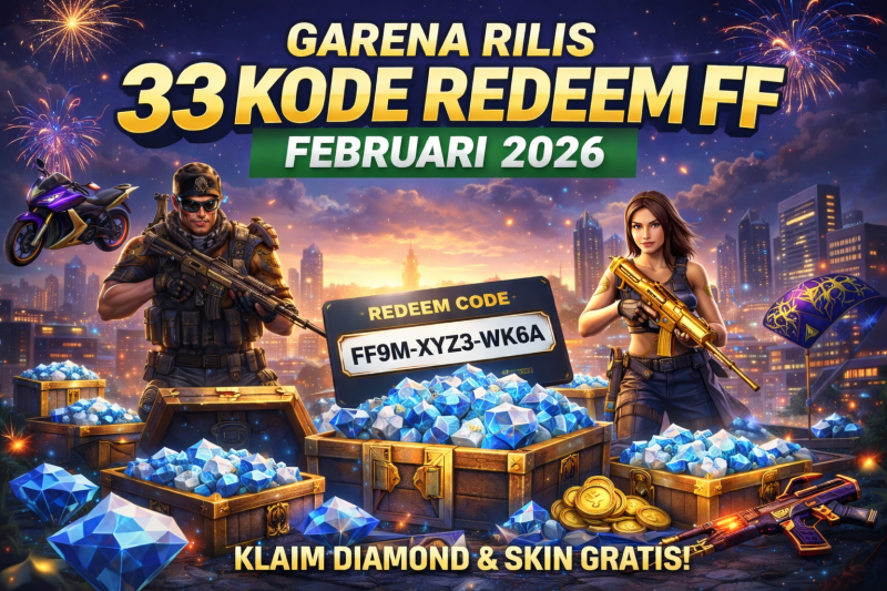 Promosi Garena Free Fire menampilkan dua karakter bersenjata di tengah kota futuristik dengan peti harta karun berisi diamond dan koin emas, menyoroti kode redeem terbaru untuk Februari 2026.