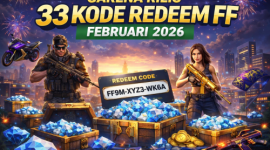 Promosi Garena Free Fire menampilkan dua karakter bersenjata di tengah kota futuristik dengan peti harta karun berisi diamond dan koin emas, menyoroti kode redeem terbaru untuk Februari 2026.