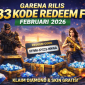 Promosi Garena Free Fire menampilkan dua karakter bersenjata di tengah kota futuristik dengan peti harta karun berisi diamond dan koin emas, menyoroti kode redeem terbaru untuk Februari 2026.
