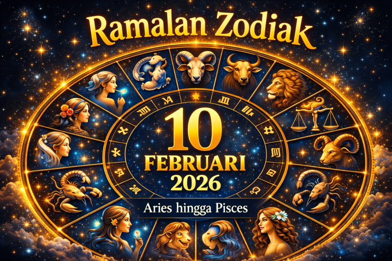 rediksi zodiak 10 Februari 2026 untuk Aries, Taurus, Gemini, hingga Pisces, dengan ilustrasi modern dan efek bintang. (foto ist)