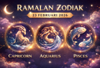 Ilustrasi ramalan zodiak 23 Februari 2026 menampilkan Capricorn, Aquarius, dan Pisces dengan latar langit malam berbintang.