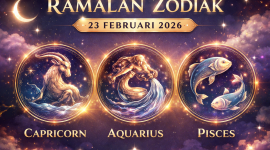 Ilustrasi ramalan zodiak 23 Februari 2026 menampilkan Capricorn, Aquarius, dan Pisces dengan latar langit malam berbintang.