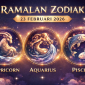 Ilustrasi ramalan zodiak 23 Februari 2026 menampilkan Capricorn, Aquarius, dan Pisces dengan latar langit malam berbintang.