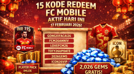 Grafik promosi FC Mobile menampilkan 15 kode redeem aktif dengan hadiah gems, player pack OVR tinggi, dan jersey tema Lunar New Year.( foto ist)