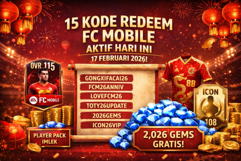 Grafik promosi FC Mobile menampilkan 15 kode redeem aktif dengan hadiah gems, player pack OVR tinggi, dan jersey tema Lunar New Year.( foto ist)