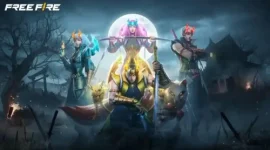 Ilustrasi karakter dalam Free Fire dengan tampilan bundle eksklusif dan latar suasana gelap penuh efek visual.