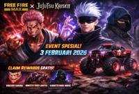 Ilustrasi kolaborasi Free Fire Max dan Jujutsu Kaisen yang menampilkan Sukuna, Gojo Satoru, serta Monster Truck Jujutsu pada event 3 Februari 2026.
