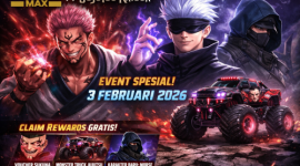 Ilustrasi kolaborasi Free Fire Max dan Jujutsu Kaisen yang menampilkan Sukuna, Gojo Satoru, serta Monster Truck Jujutsu pada event 3 Februari 2026.