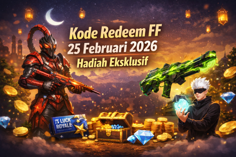 Ilustrasi promosi Free Fire menampilkan Skin Scorpio Crimson, Evo Gun Green Flame Draco, Gloo Wall Ramadan, dan hadiah eksklusif. ( foto chat gpt)