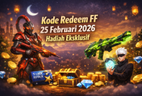 Ilustrasi promosi Free Fire menampilkan Skin Scorpio Crimson, Evo Gun Green Flame Draco, Gloo Wall Ramadan, dan hadiah eksklusif. ( foto chat gpt)