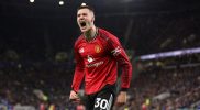 Benjamin Sesko merayakan gol tunggalnya untuk Manchester United melawan Everton.