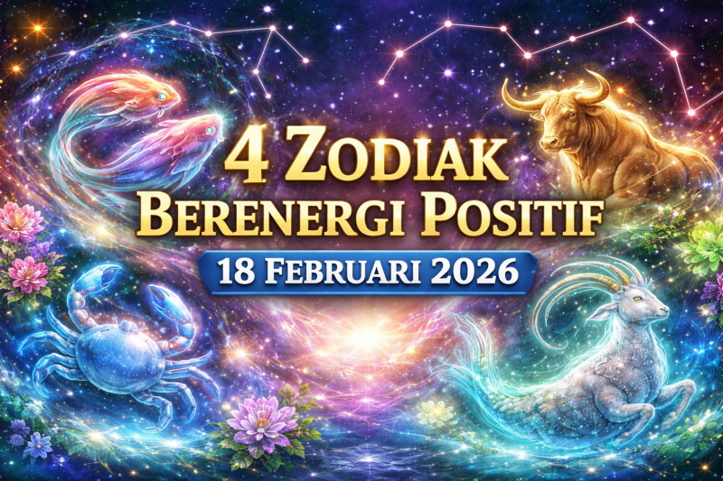 Ilustrasi digital astrologi menampilkan empat zodiak berenergi positif untuk 18 Februari 2026: Pisces, Cancer, Taurus, dan Capricorn, dengan latar langit berbintang, konstelasi, cahaya kosmik, dan bunga-bunga, menonjolkan suasana magis dan kreatif