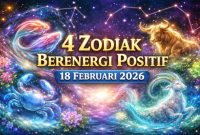 Ilustrasi digital astrologi menampilkan empat zodiak berenergi positif untuk 18 Februari 2026: Pisces, Cancer, Taurus, dan Capricorn, dengan latar langit berbintang, konstelasi, cahaya kosmik, dan bunga-bunga, menonjolkan suasana magis dan kreatif